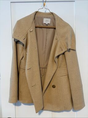 LOFT Cream Herringbone Wool-Blend Peacoat